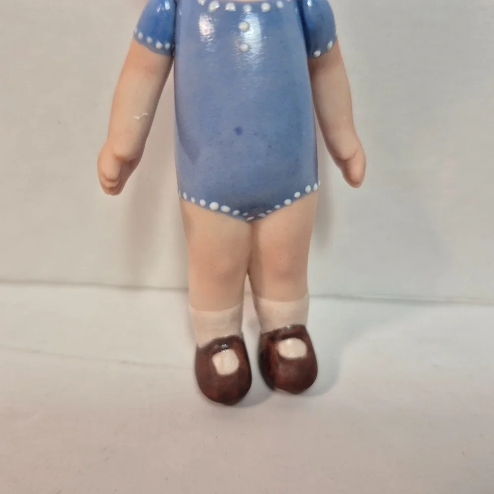 Bisque Doll Jointed Arms Reddish Light Brown Hair Blue Bow/Dress 4.5